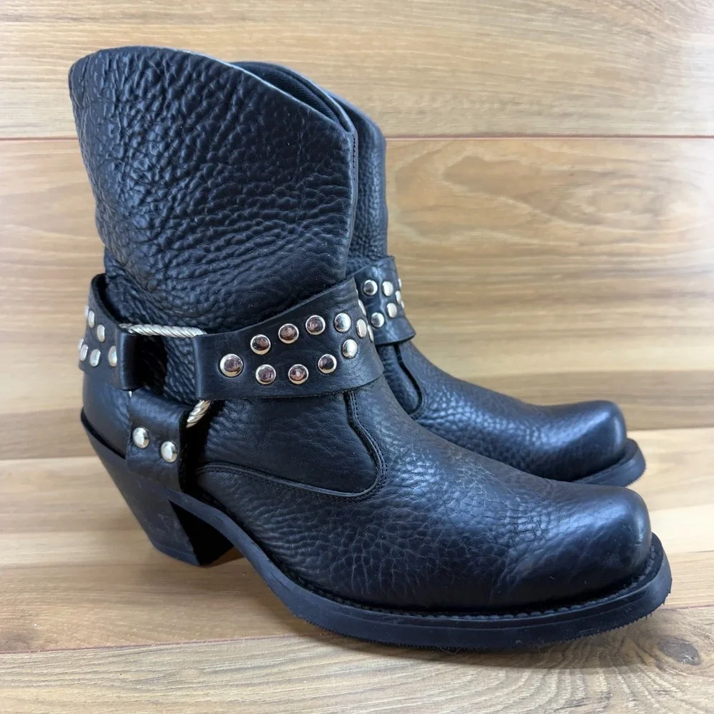 Double H Studded Harness Boots Womens 7.5 M Black Pebble Leather Short Biker - Picture 2 of 11